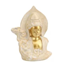   Arany-fehér kerámia Buddha szobor – 16×12 cm spirituális dekoráció lótusz motívummal
