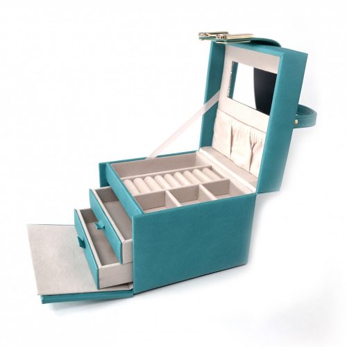 Műbőr Ékszertartó doboz, Arany színű Masnis Díszítéssel - Türkiz színű