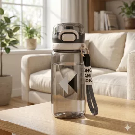   550 ml-es sport kulacs szívószállal és hordozópánttal – BPA-mentes ivópalack, füstszürke