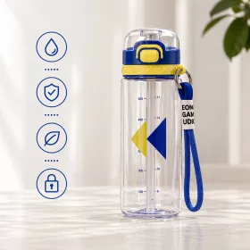  550 ml-es sport kulacs szívószállal és hordozópánttal – BPA-mentes ivópalack, kék-sárga