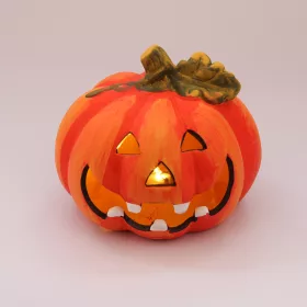   LED-es Halloween kerámia tök, 13 cm magas, 17 cm átmérőjű