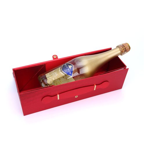 Piros színű italos üveg tartó doboz, elegáns, 34 x 10 x 10 cm szétnyitható ( a pezsgő csak illusztráció, nem része a terméknek)