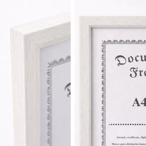 A4 méretű fehér fa hatású képkeret – letisztult oklevél- és dokumentumkeret, modern faliképkeret