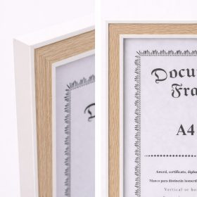   A4 méretű világos fa hatású képkeret fehér szegéllyel – modern oklevél- és dokumentumkeret