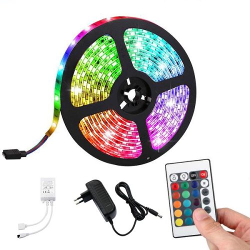LED szalag RGB színes 5 méteres vízálló, készlet távirányítóval és tápegységgel
