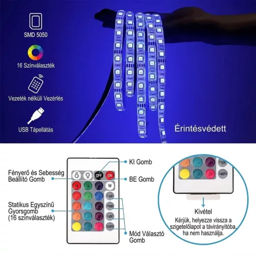 USB RGB LED szalag 5 m – Távirányítós hangulatvilágítás TV-hez, szobába, dekorációhoz