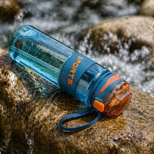 1000 ml-es szívószálas sport kulacs csuklópánttal – BPA-mentes ivópalack, sötétkék-narancs