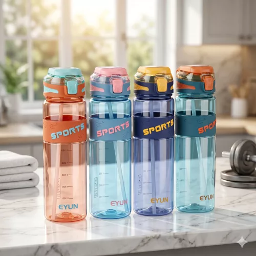 1000 ml-es szívószálas sport kulacs csuklópánttal – BPA-mentes ivópalack, sötétkék-narancs