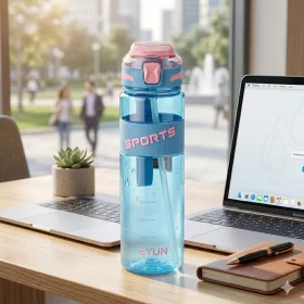   1000 ml-es szívószálas sport kulacs csuklópánttal – BPA-mentes ivópalack, világoskék-sárga