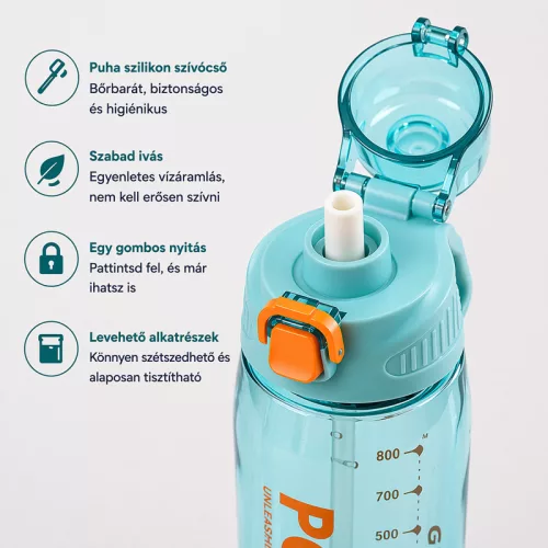 Szürke sport kulacs 1030 ml – szivárgásmentes BPA-mentes ivópalack biztonsági zárral