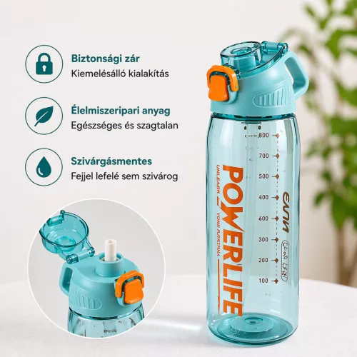 Fekete sport kulacs 1030 ml – szivárgásmentes BPA-mentes ivópalack biztonsági zárral