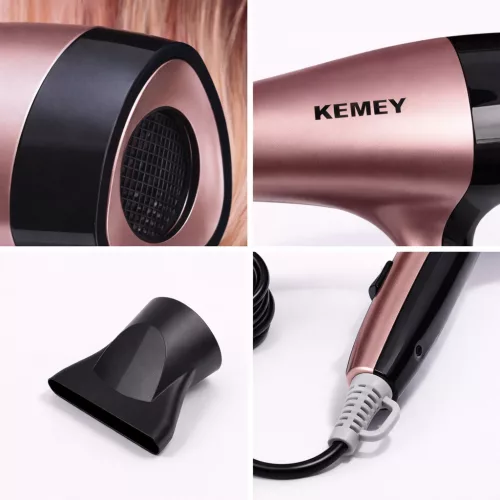 Kemey KM-6836 nagy teljesítményű hajszárító – 1800 W, 3 hőmérséklet-fokozattal, diffúzorral és szűkítő fejjel