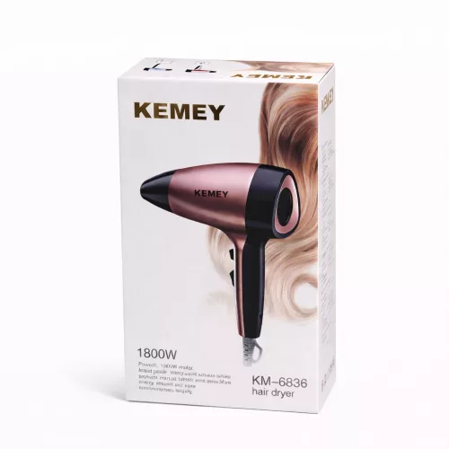 Kemey KM-6836 nagy teljesítményű hajszárító – 1800 W, 3 hőmérséklet-fokozattal, diffúzorral és szűkítő fejjel