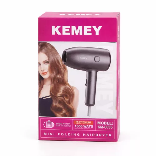 Kemey KM-6835 mini hajszárító – 1000 W, negatív ionos technológiával, halk motorral