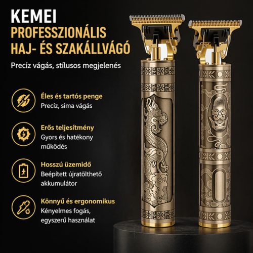 Kemei KM-T-2 professzionális hajvágó trimmer – vezeték nélküli T-penge, vintage arany kínai sárkány dizájn