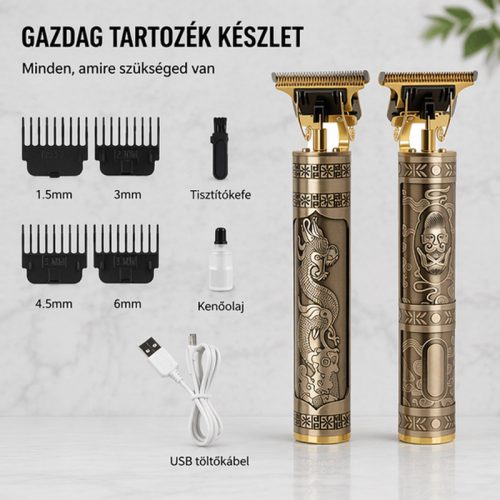 Kemei KM-T-2 professzionális hajvágó trimmer – vezeték nélküli T-penge, vintage arany kínai sárkány dizájn