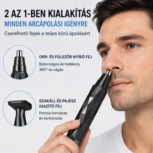 Kemei KM-6673 2 az 1-ben orr- és szakállnyíró – vezeték nélküli trimmer cserélhető fejjel