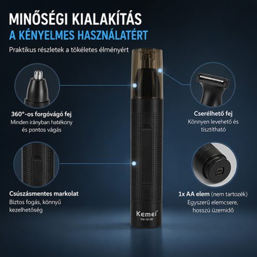 Kemei KM-1013B 2 az 1-ben orr- és szakállnyíró – vezeték nélküli trimmer cserélhető fejjel, fekete