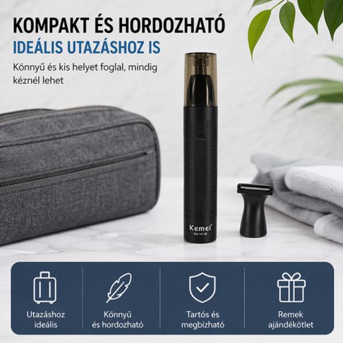 Kemei KM-1013B 2 az 1-ben orr- és szakállnyíró – vezeték nélküli trimmer cserélhető fejjel, fekete