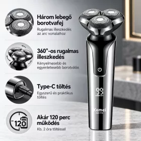   Kemei KM-774 elektromos körkéses borotva – 3 lebegő fejjel, Type-C töltéssel