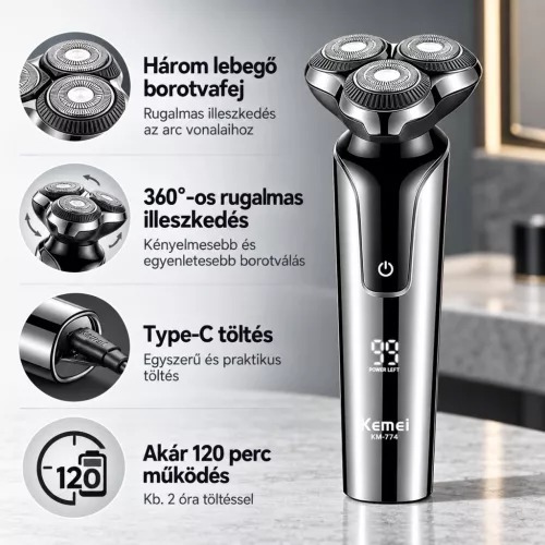Kemei KM-774 elektromos körkéses borotva – 3 lebegő fejjel, Type-C töltéssel