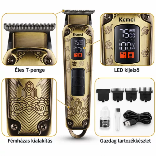 Kemei KM-1682 professzionális haj- és szakállvágó – T-pengével, LED kijelzővel