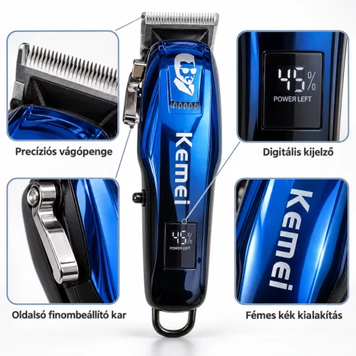 Kemei KM-709A vezeték nélküli hajvágó gép – kék, LCD kijelzővel
