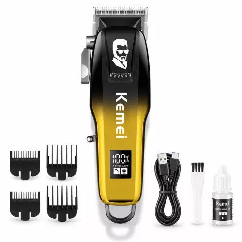 Kemei KM-709A vezeték nélküli hajvágó gép – sárga, LCD kijelzővel