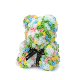   Rózsa maci 40 cm díszdobozban, színes virágos - világos szín összeeállítás