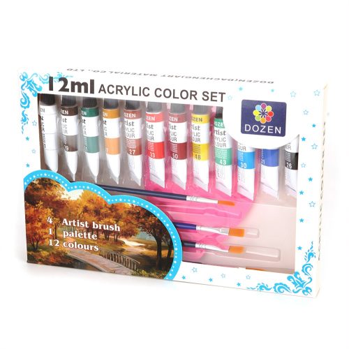 Dozen akrilfesték készlet 12×12 ml + ecsetek és paletta – komplett művész szett