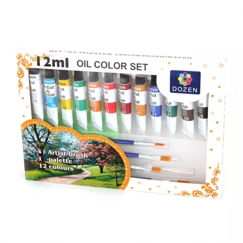 Dozen olajfesték készlet 12x12 ml – 4 ecsettel és palettával, élénk színek művészeknek