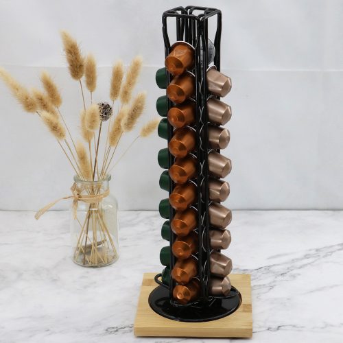 Kávékapszula tartó állvány 360°-os forgatás， Bambusz alap - 40 kapszulás