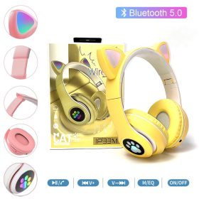   Macskafül, Színes ragyogás, Bluetooth 5.0 fülhallgató mikrofonnal, Sárga