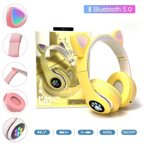 Macskafül, Színes ragyogás, Bluetooth 5.0 fülhallgató mikrofonnal, Sárga